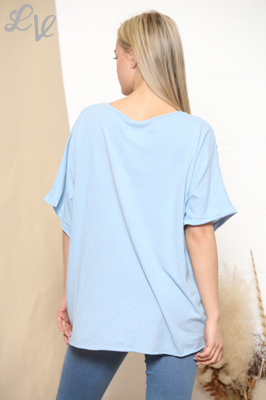 Ladies Foil Joy Script Top Sky Blue