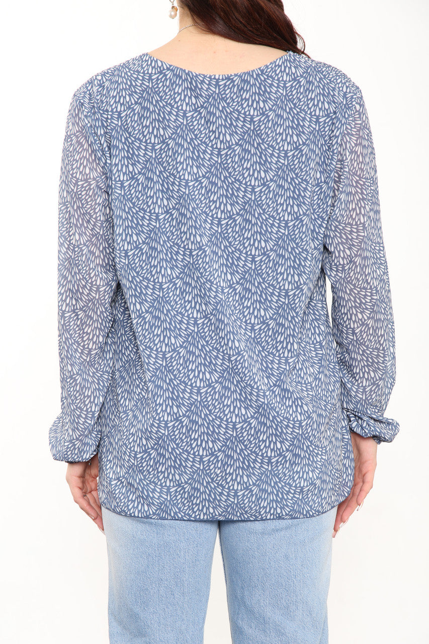 Ladies Ditsy Fleck Print Pleated Blouse Top Denim