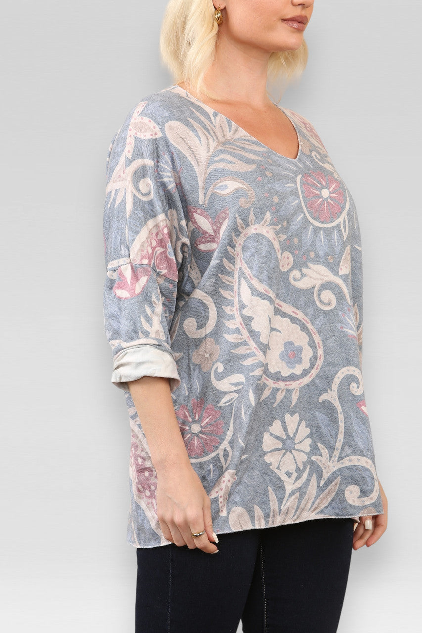 PAISLEY PRINT FIJNGEBREIDE TRUI TOP DENIM