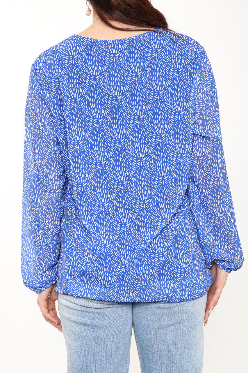 Ladies Ditsy Fleck Print Pleated Blouse Top Royal Blue