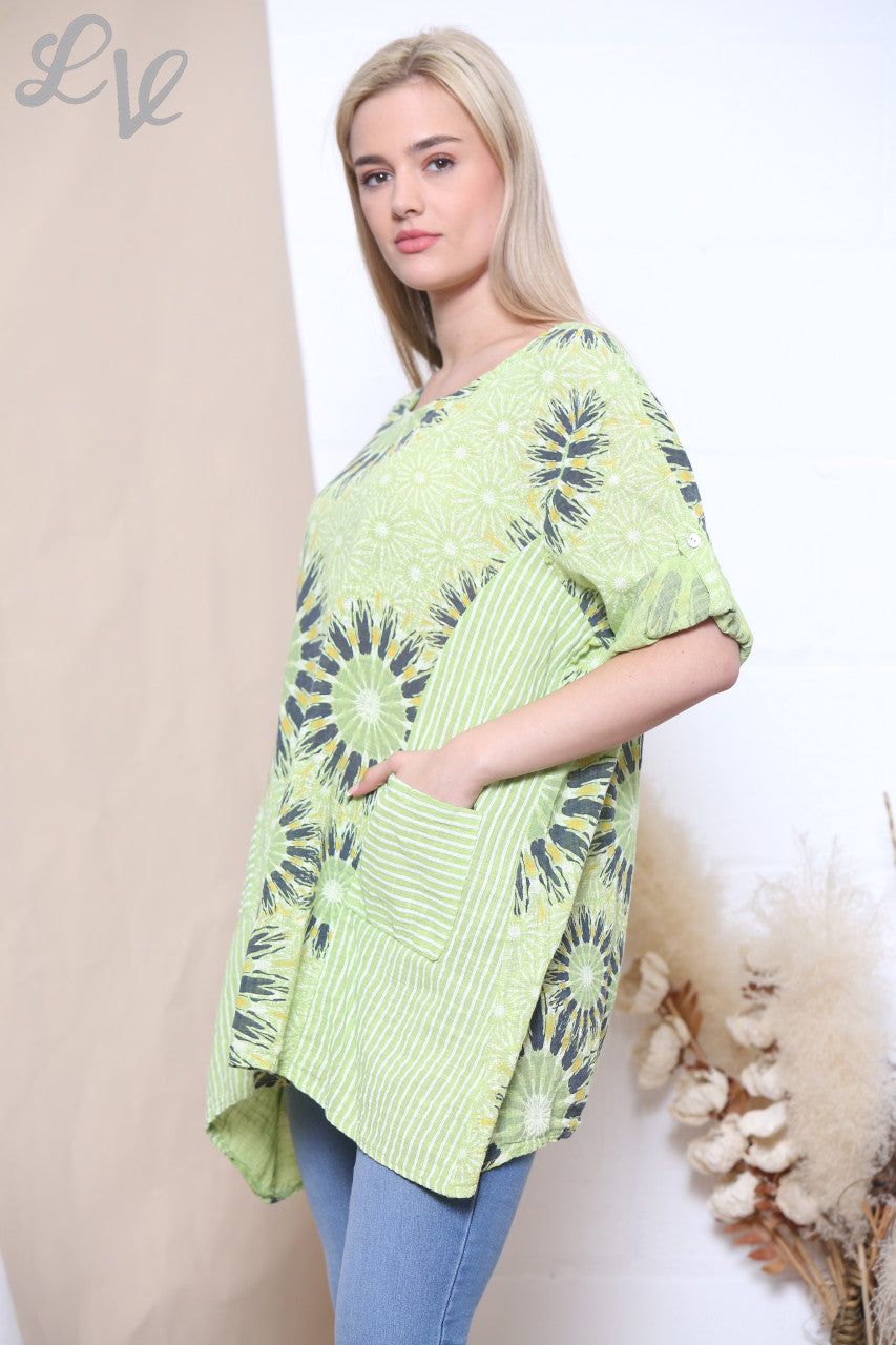 Ladies Firework & Stripe Print Top Lime