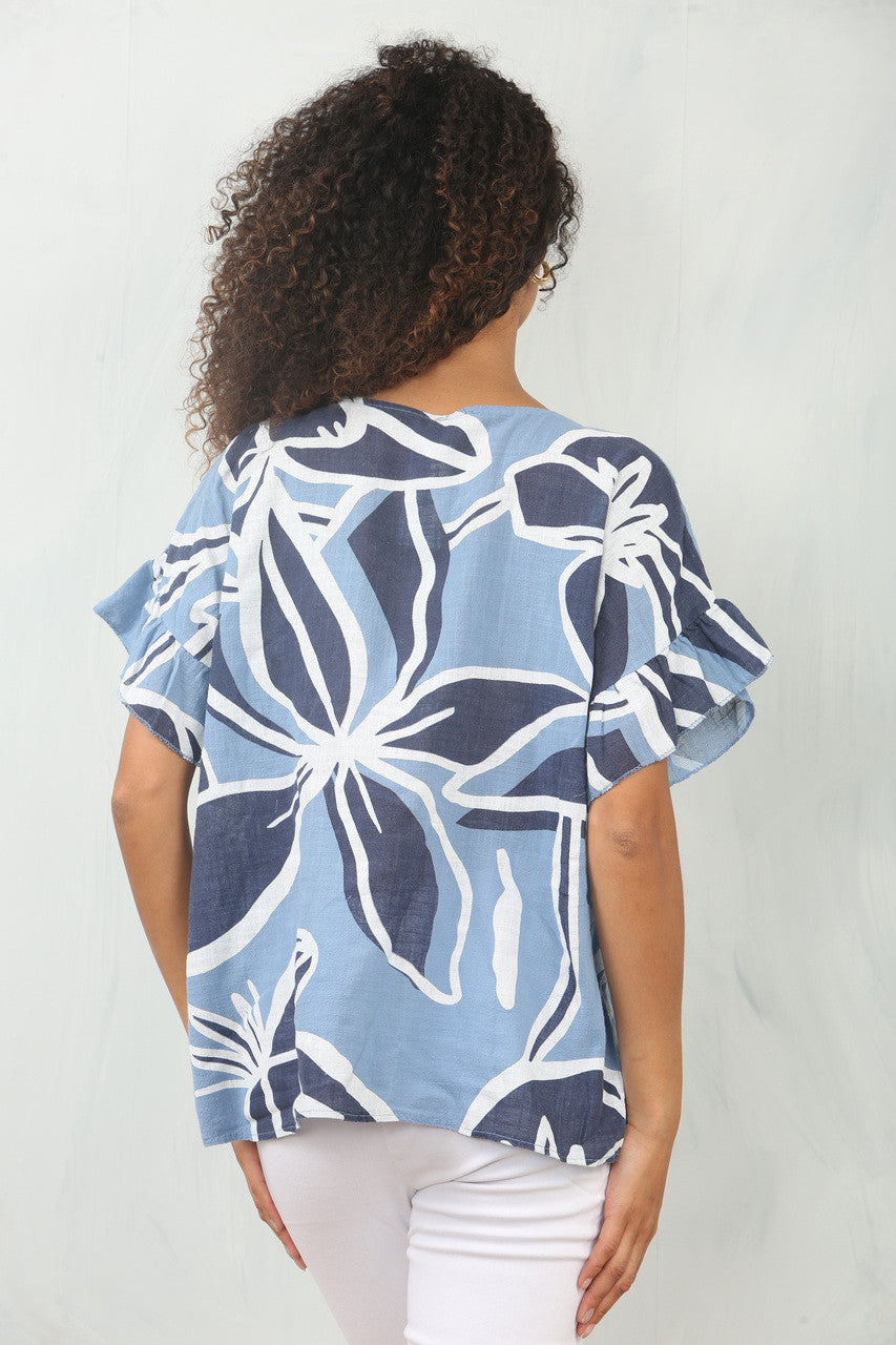 FLOWER ABSTRACT PRINT FRILL SLEEVE TOP DENIM