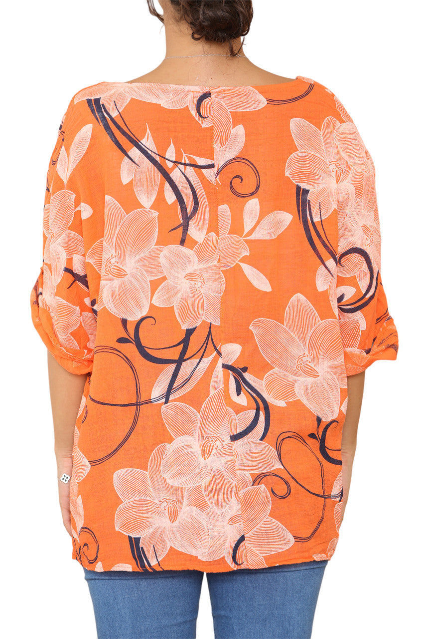 Dames Top Oranje Met Bloemenprint En Krullen