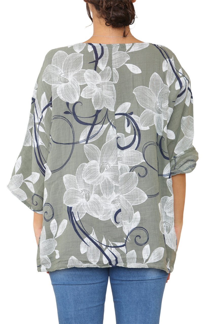 Dames Top met Bloemen Schets Krullen Print Kaki