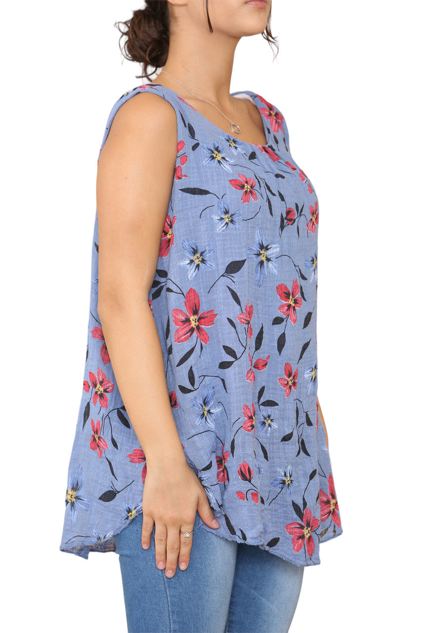 Ladies Floral Print Sleeveless Vest Top Denim