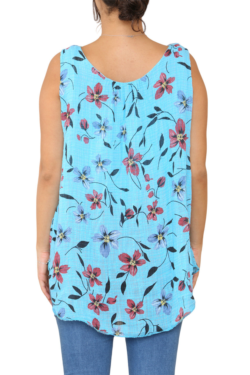 Dames mouwloze top met bloemenprint turkoois