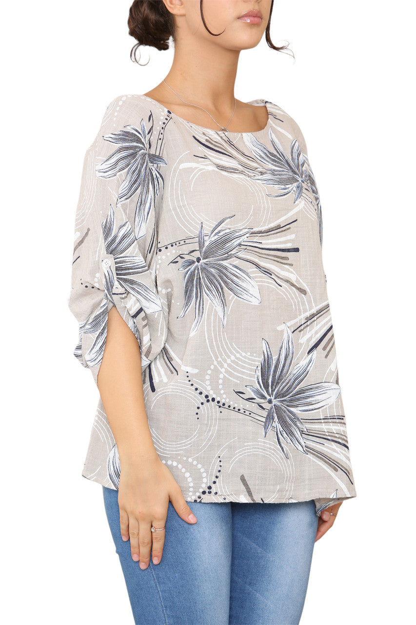 Ladies Leaf Sketch Print Top Stone