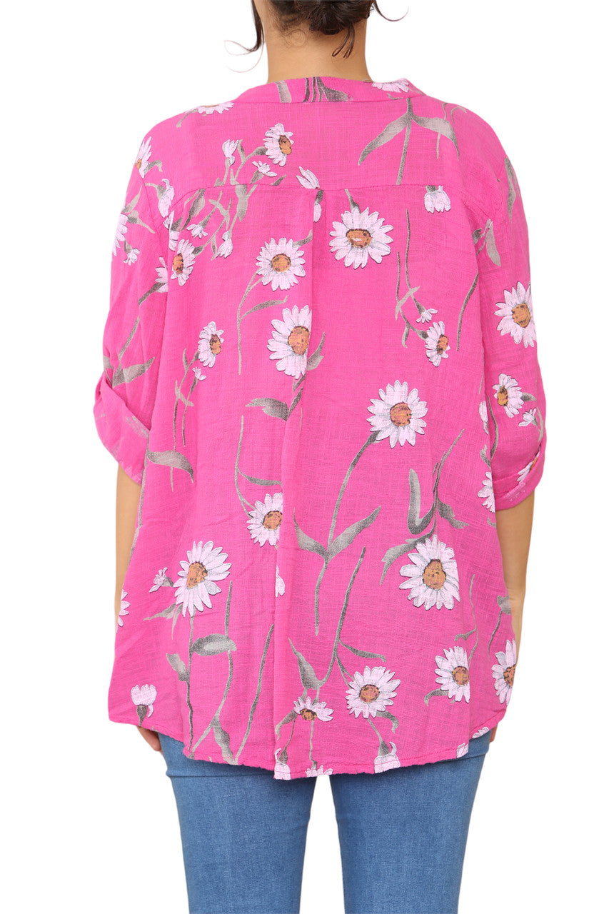 DAISY FLORAL MIX GRANDAD SHIRT BLOUSE CERISE