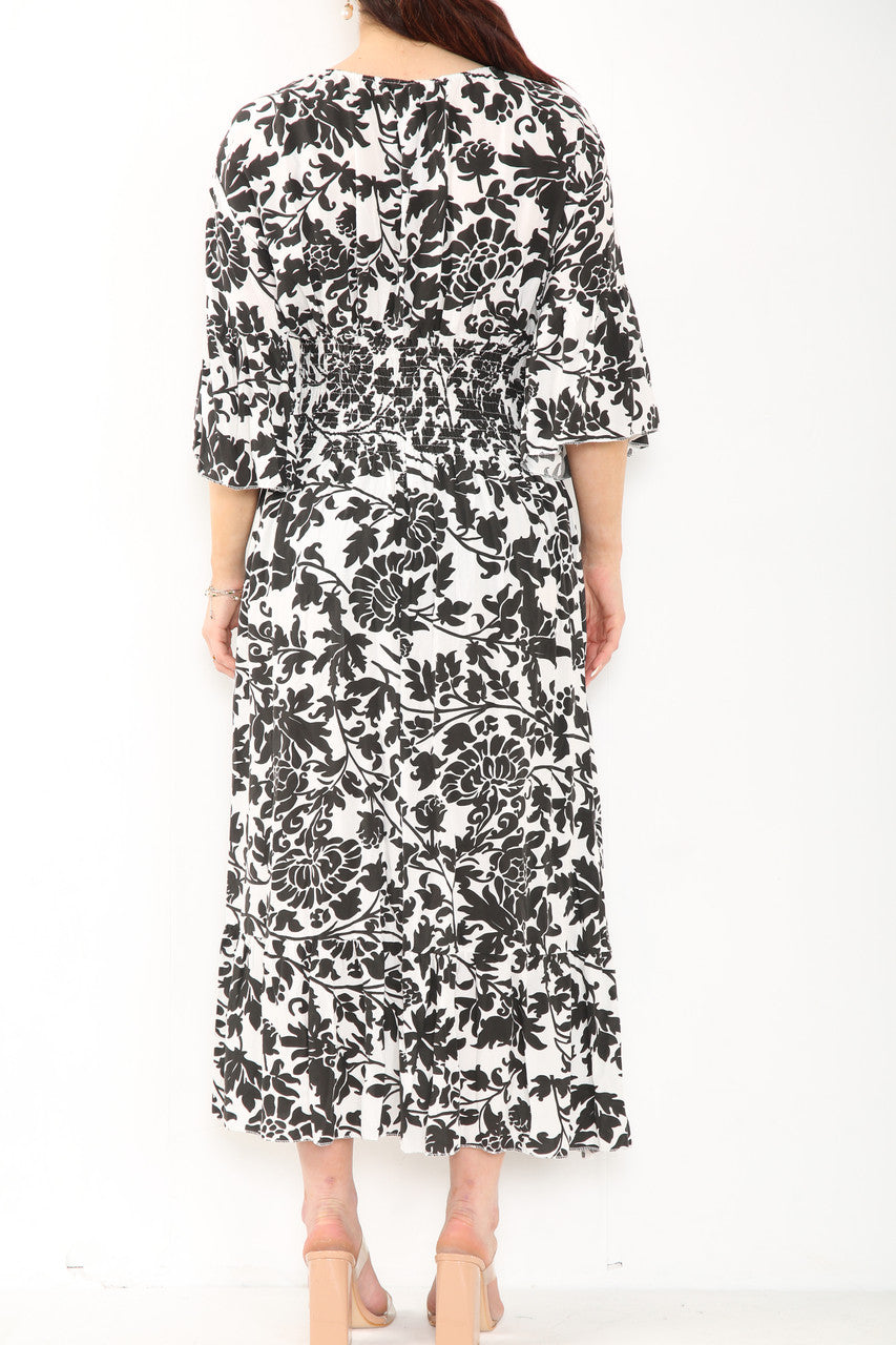 Ladies Baroque Print Elasticated Waist Maxi Dress Black