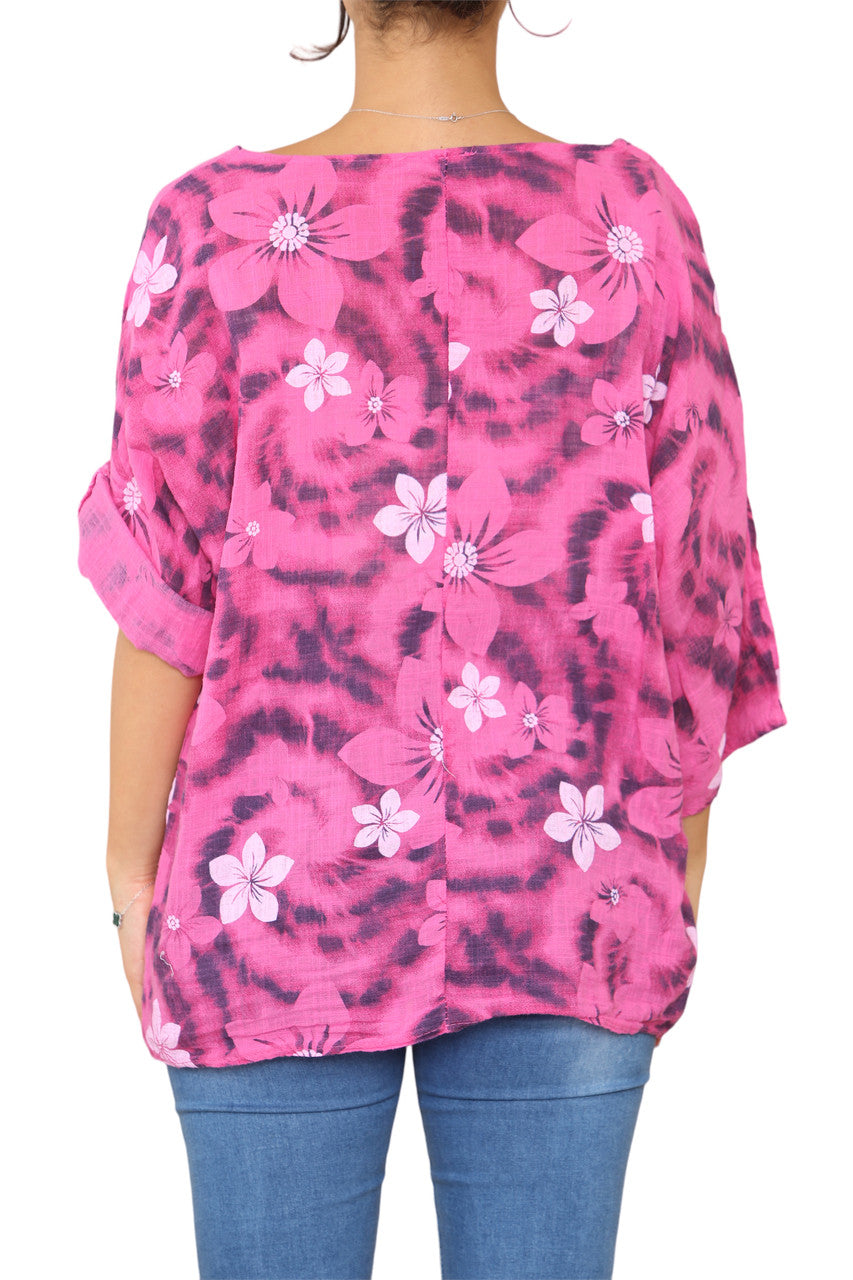 Ladies Floral Tie Dye Print Top Cerise
