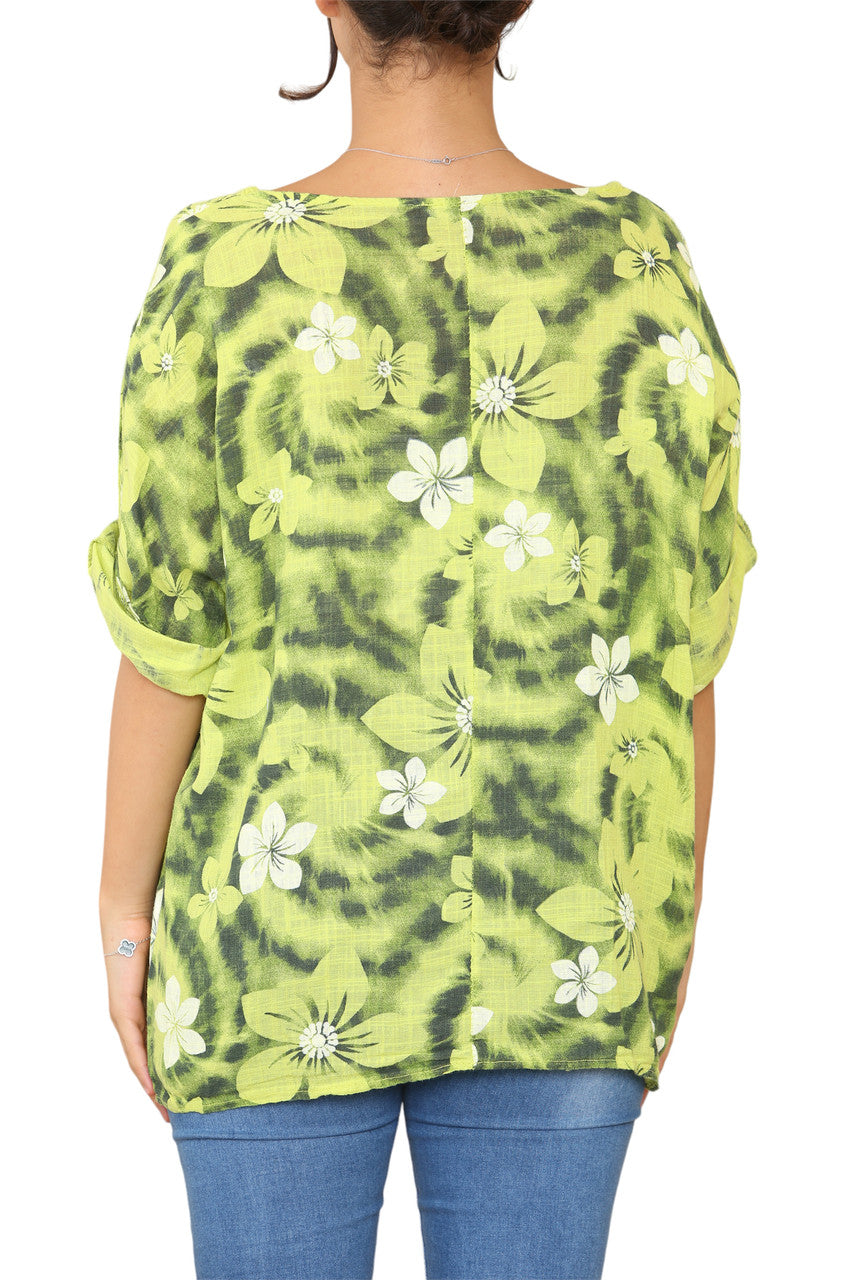 Dames Top met Bloemen Tie-Dye Print Limoengroen