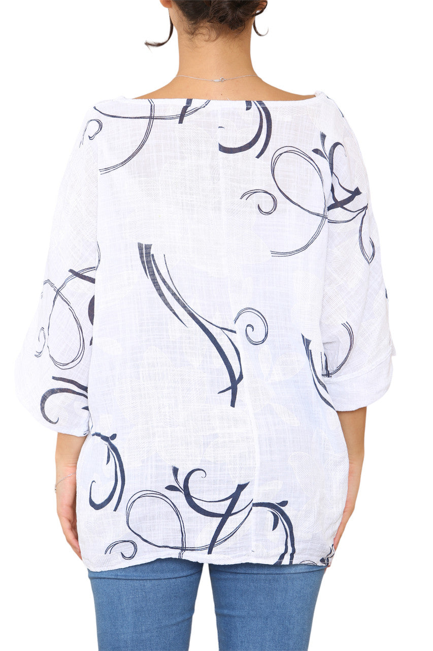 Ladies Floral Sketch Swirls Print Top White