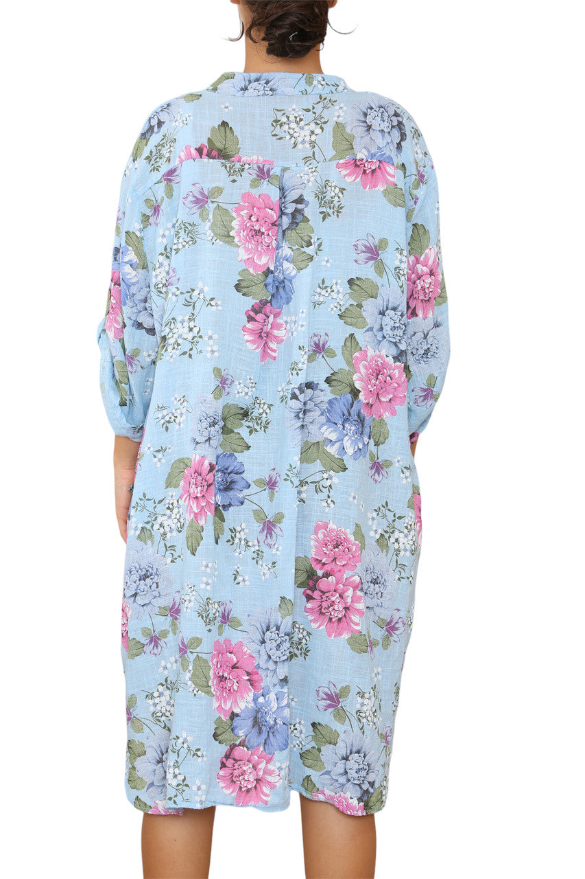 Ladies Peony Floral Print Tunic Shirt Top Dress Light Blue