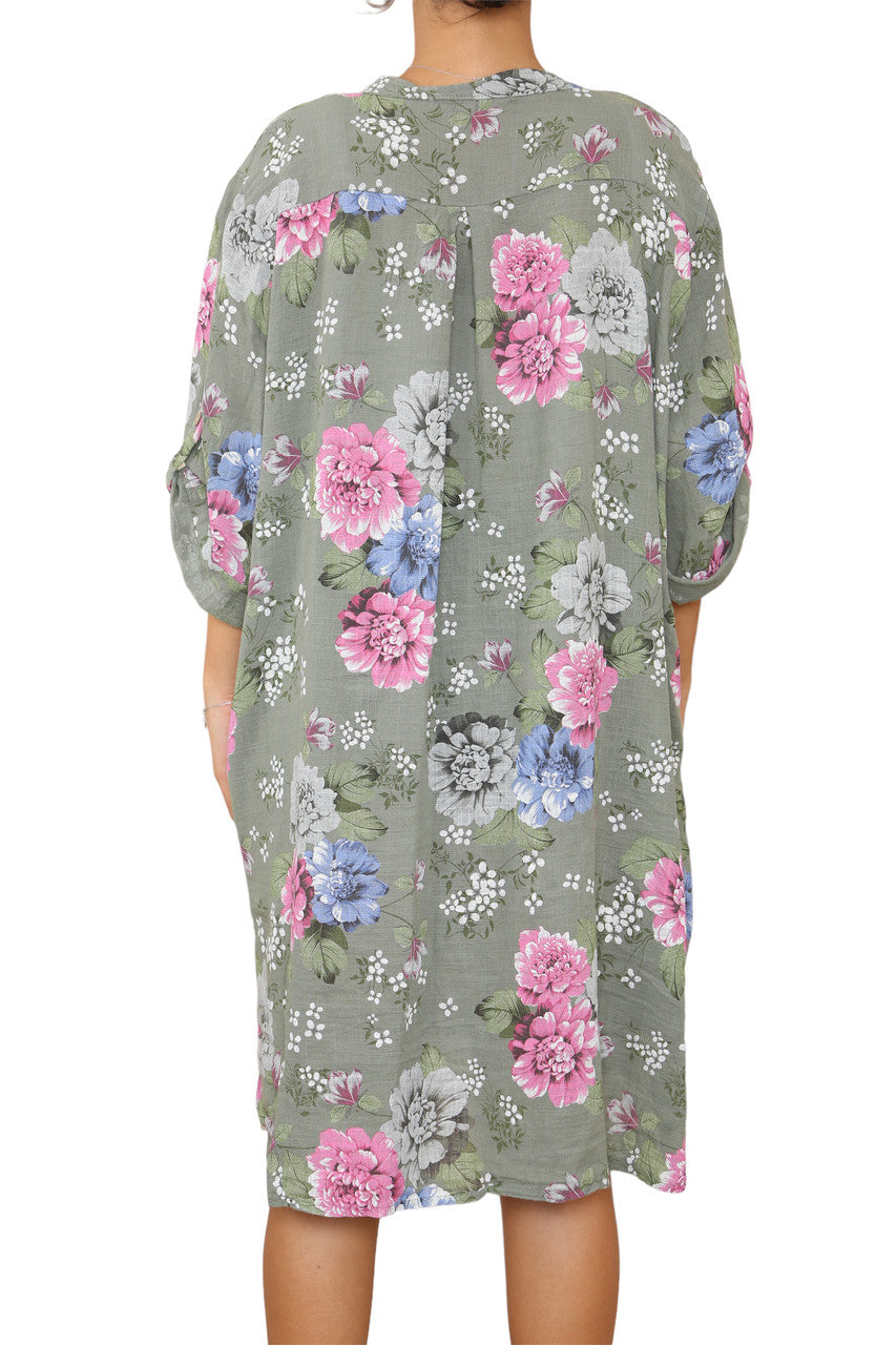 Ladies Peony Floral Print Tunic Shirt Top Dress Khaki