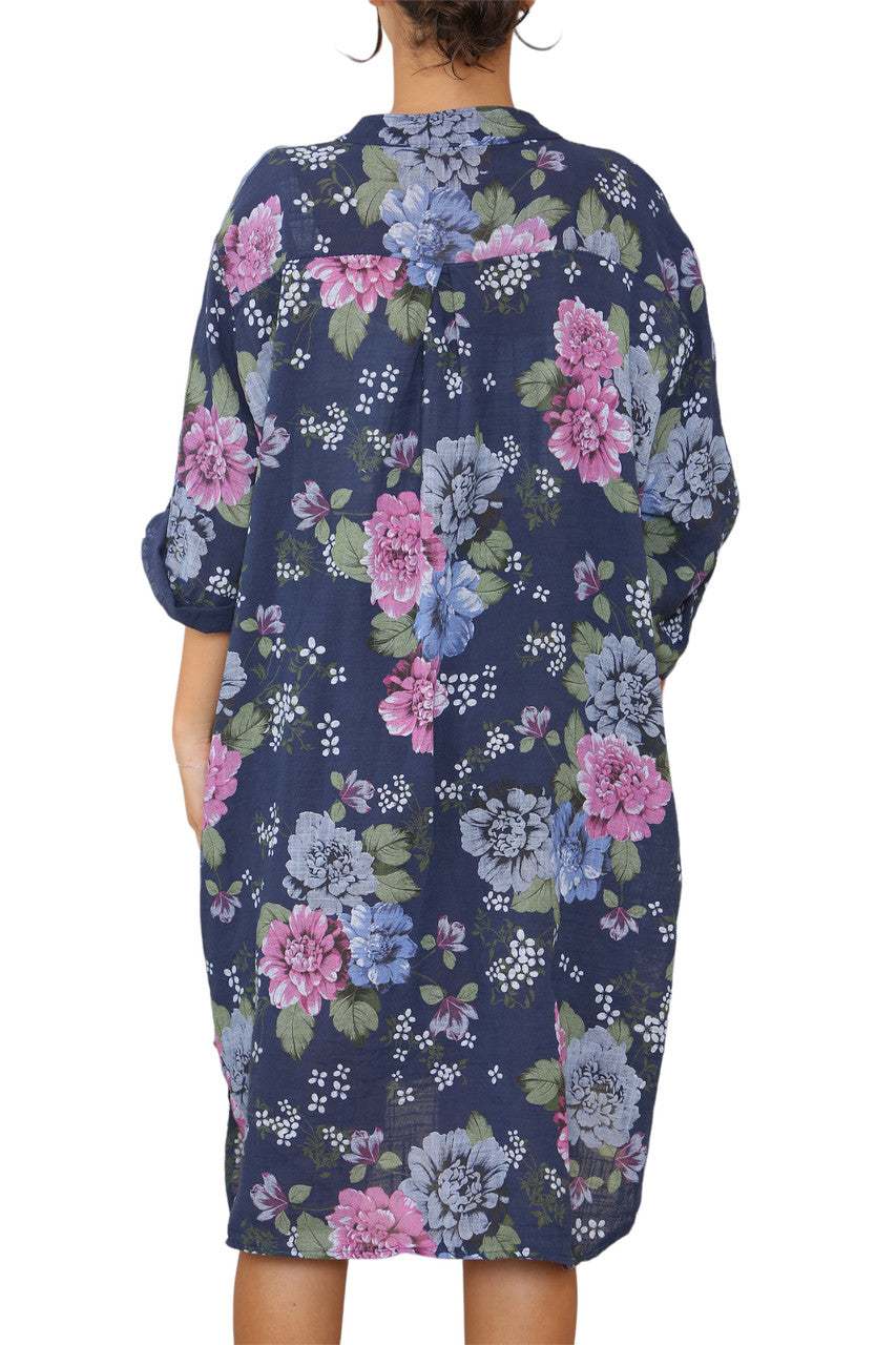 Ladies Peony Floral Print Tunic Shirt Top Dress Navy