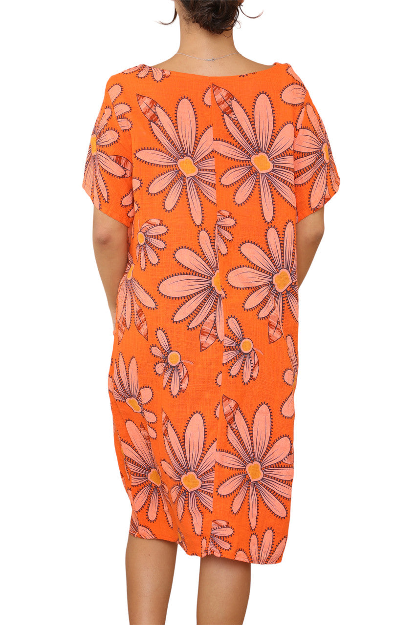 Ladies Daisy Print Tunic Dress Orange