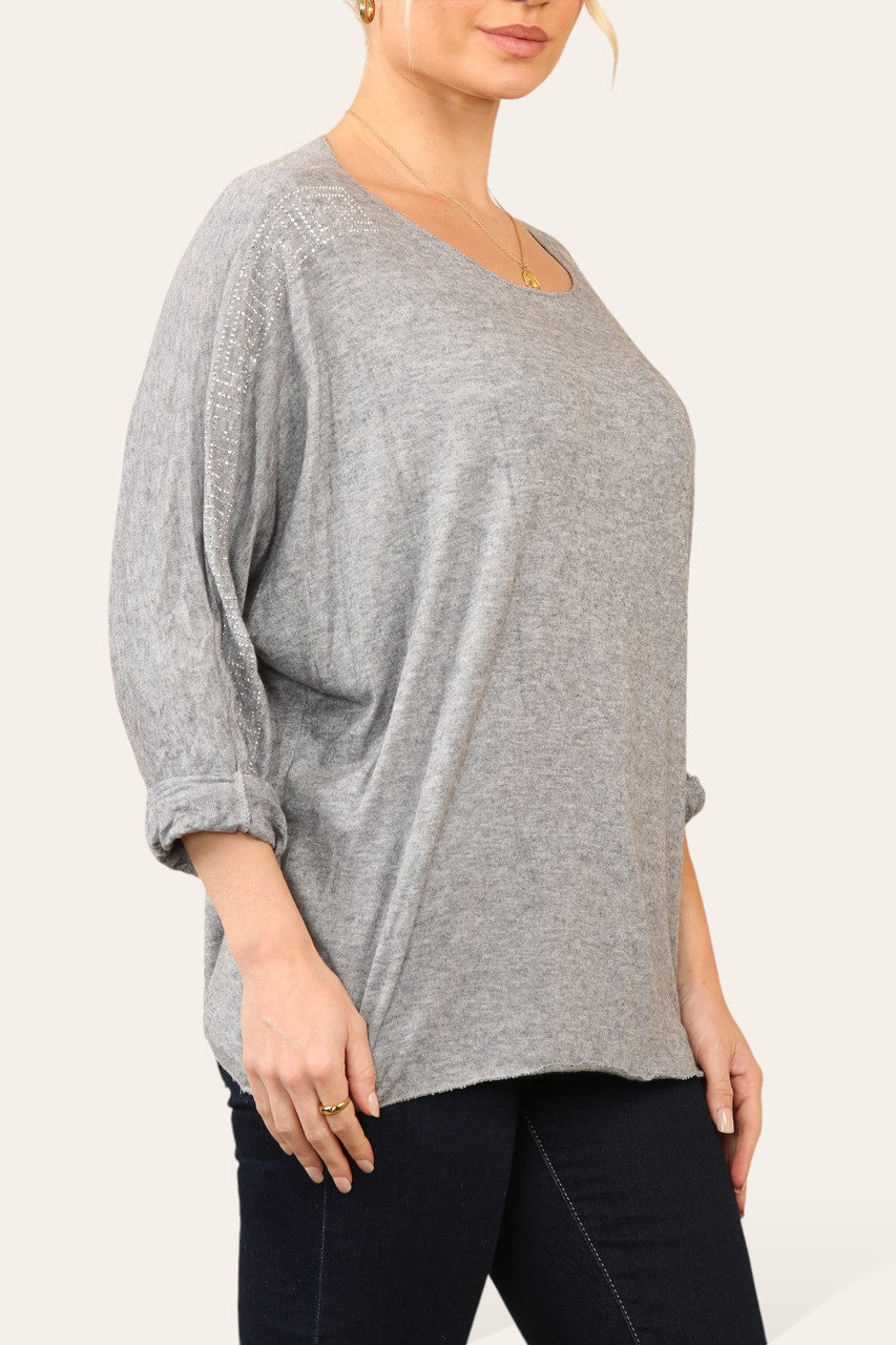 GEOMETRIC DIAMANTE SLEEVE FINE KNIT JUMPER TOP GREY