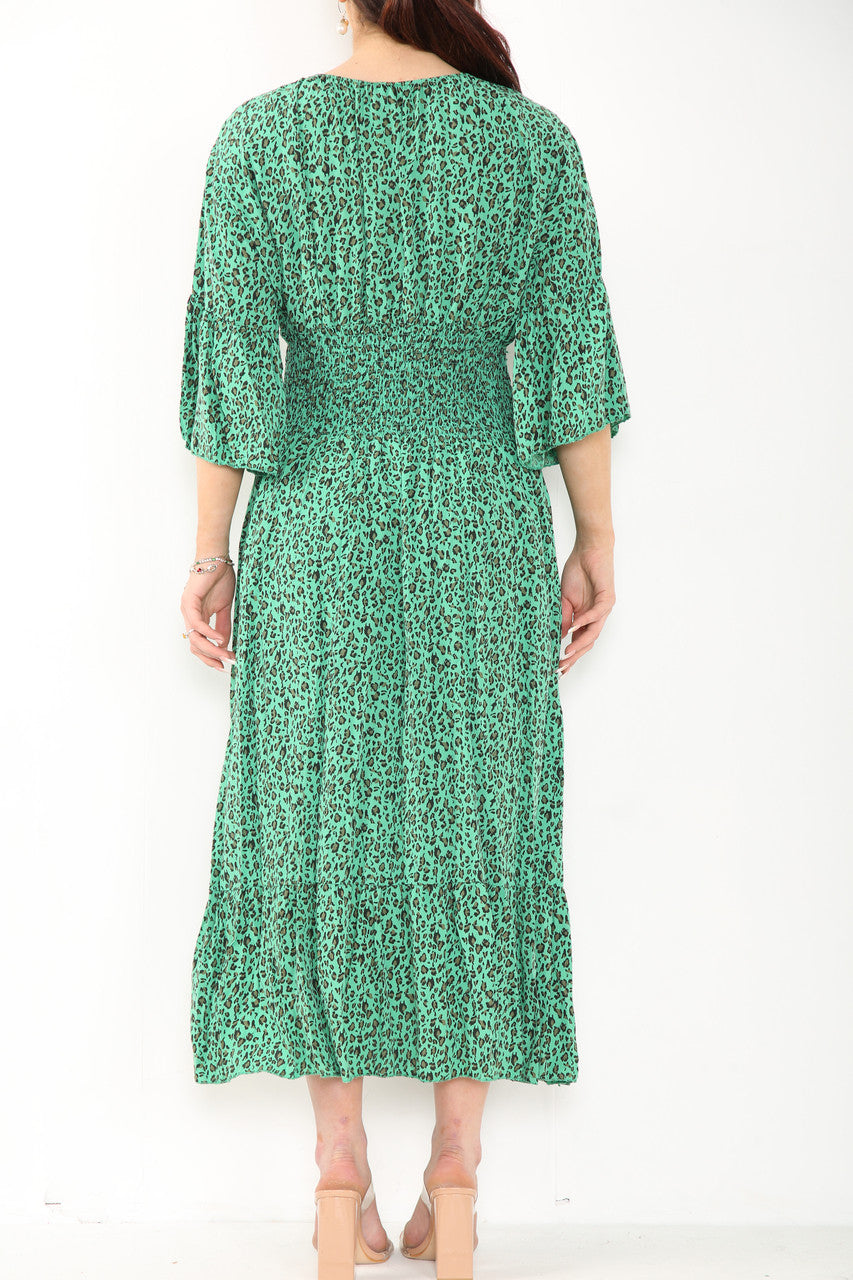 Dames Maxi Jurk Met Panterprint En Elastische Taille Groen