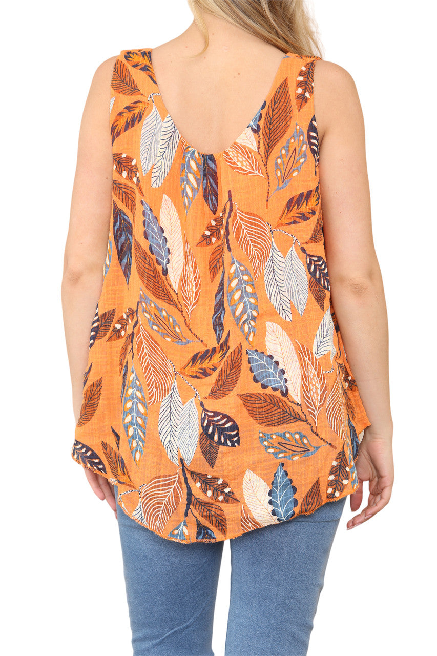 Ladies Leaves Print Sleeveless Vest Top Orange
