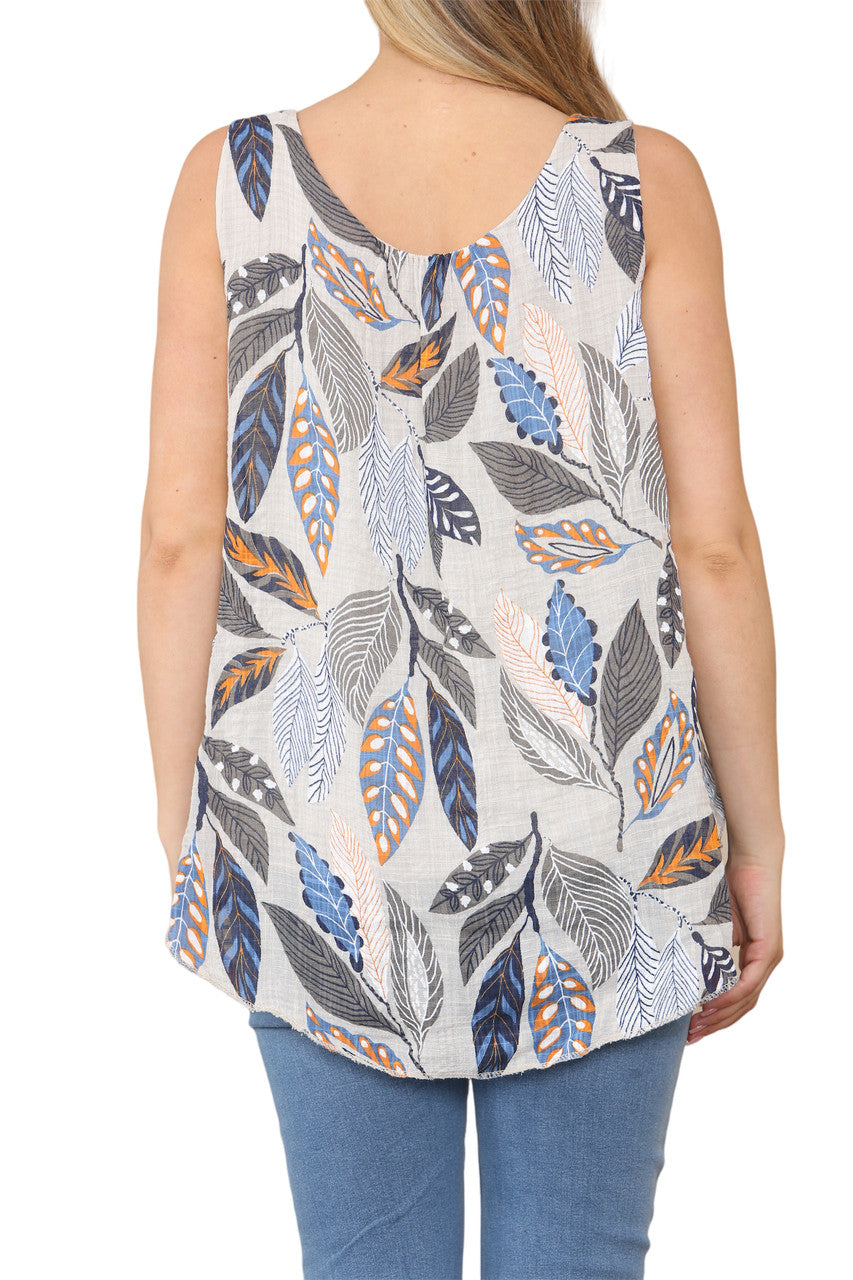 Ladies Leaves Print Sleeveless Vest Top Stone