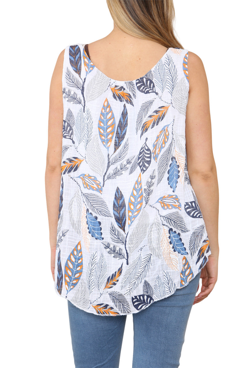 Ladies Leaves Print Sleeveless Vest Top White