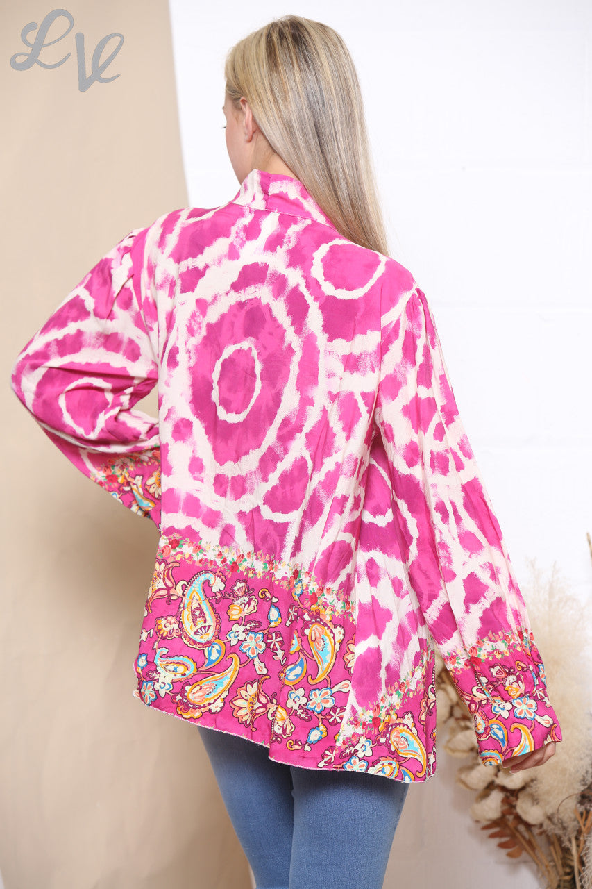 Ladies Tie Dye Print Floral Bottom Tie Neck Blouse Cerise