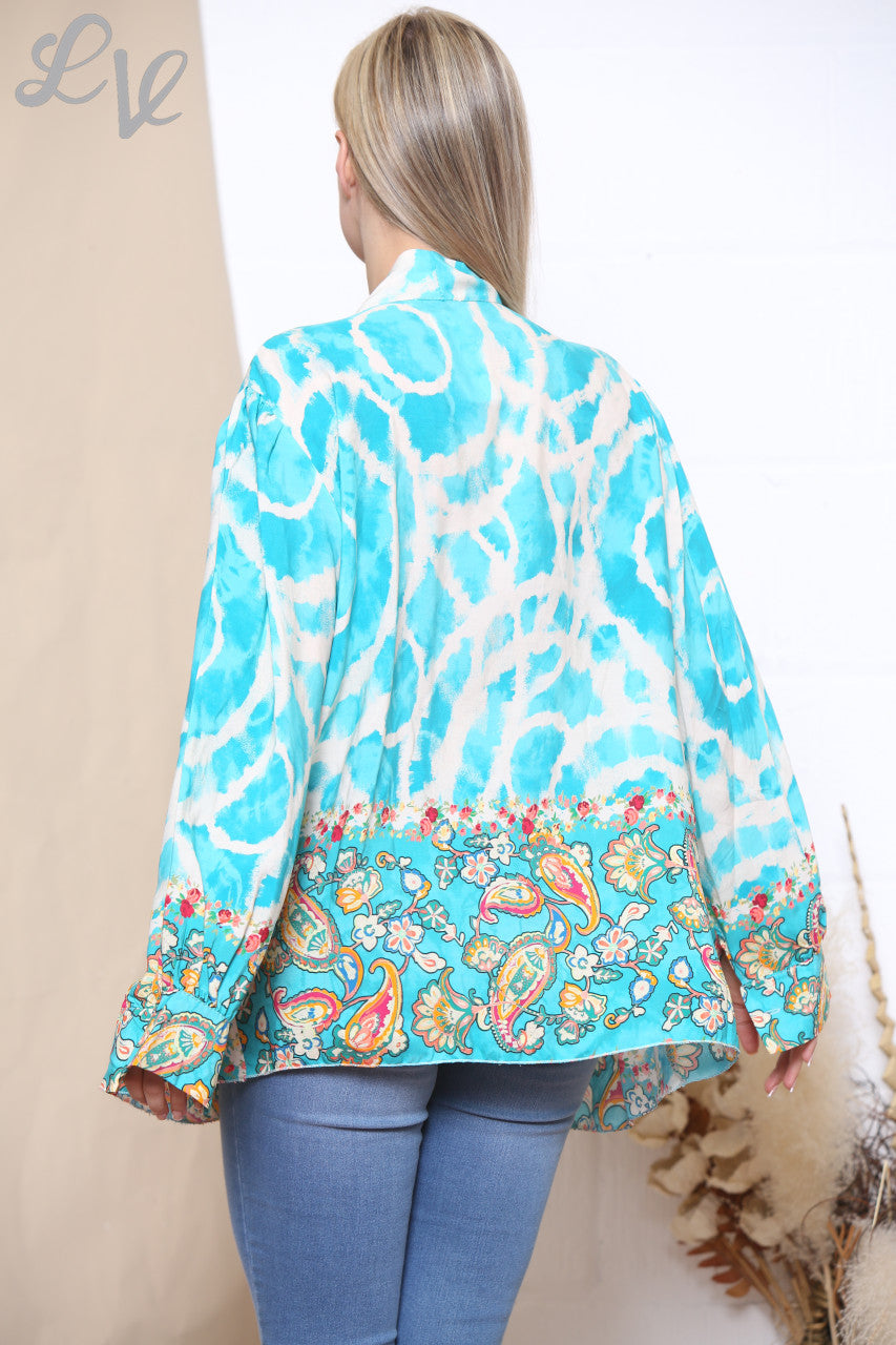 Dames Tie Dye Blouse met Bloemenprint, Strikkraag en Strik onderaan, Turquoise