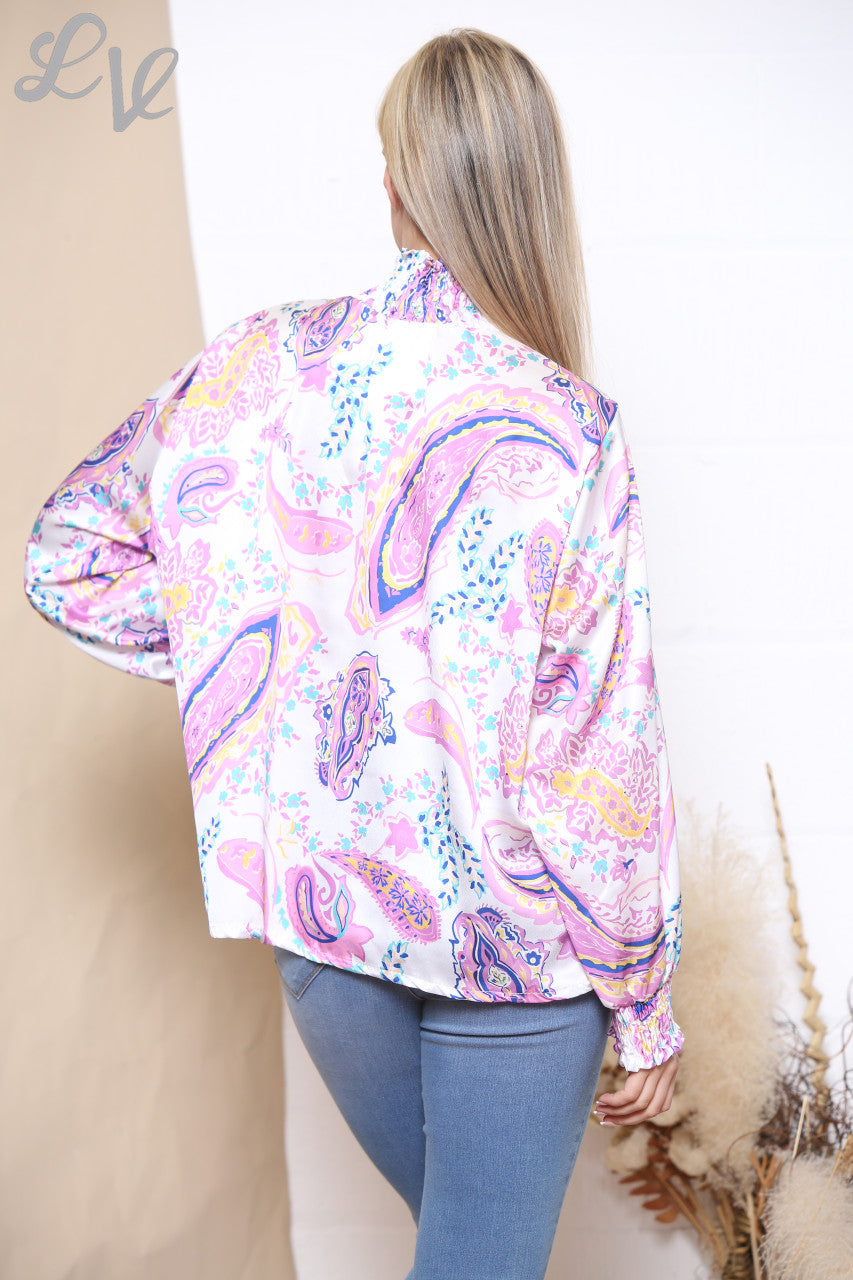 Dames Multikleurige Blouse met Paisleyprint en Geplooide Hals Lila