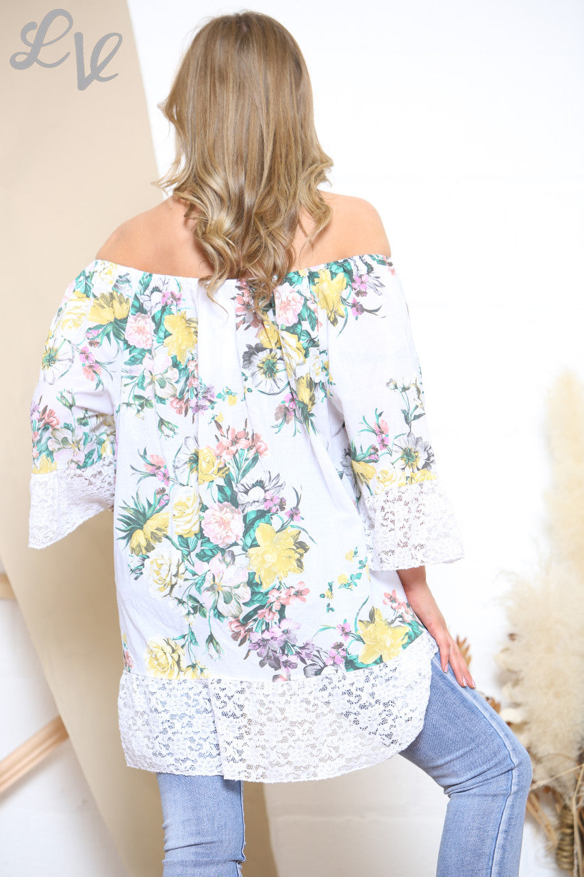 Ladies Bardot Style Floral Print Top White