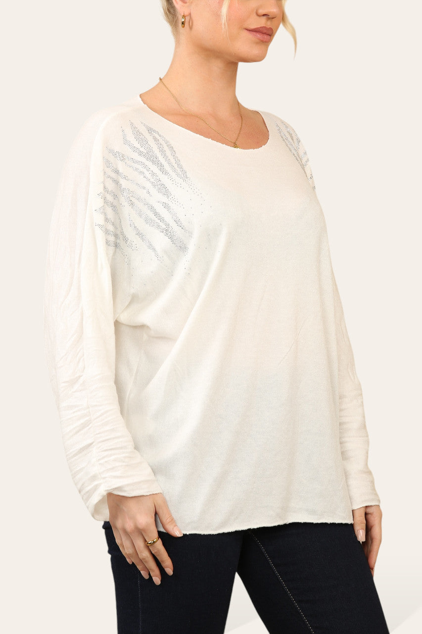 TIGER DIMANTE SHOULDER FINE KNIT JUMPER TOP CREAM