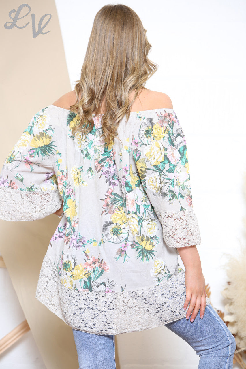 Dames top met bloemenprint in Bardot-stijl - Stone