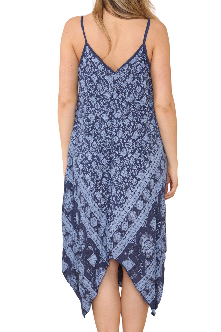 ELEPHANT HEM PRINT STRAPPY DRESS NAVY