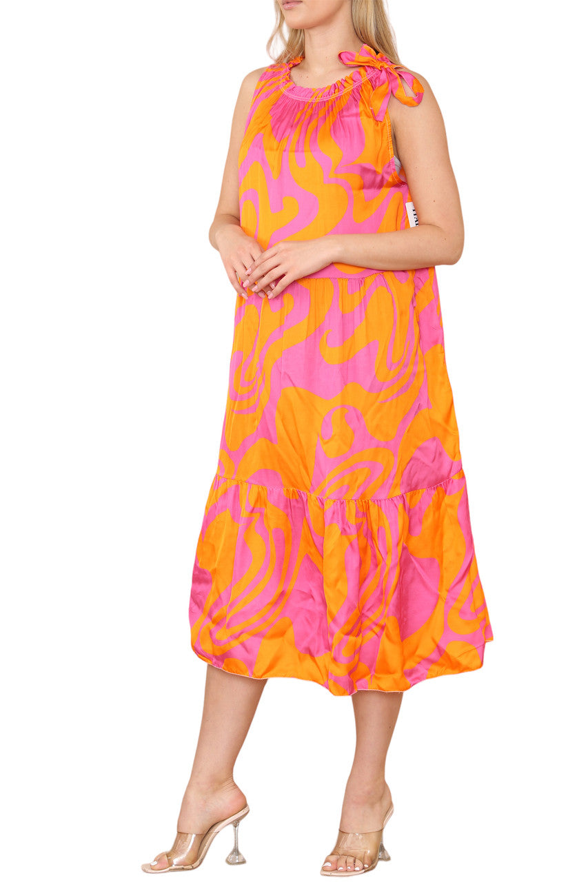 Ladies Tie Shoulder Abstract Print Sleeveless Dress Orange/Cerise