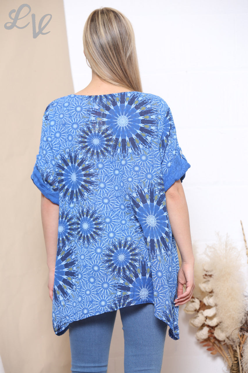 Ladies Firework & Stripe Print Top Royal Blue