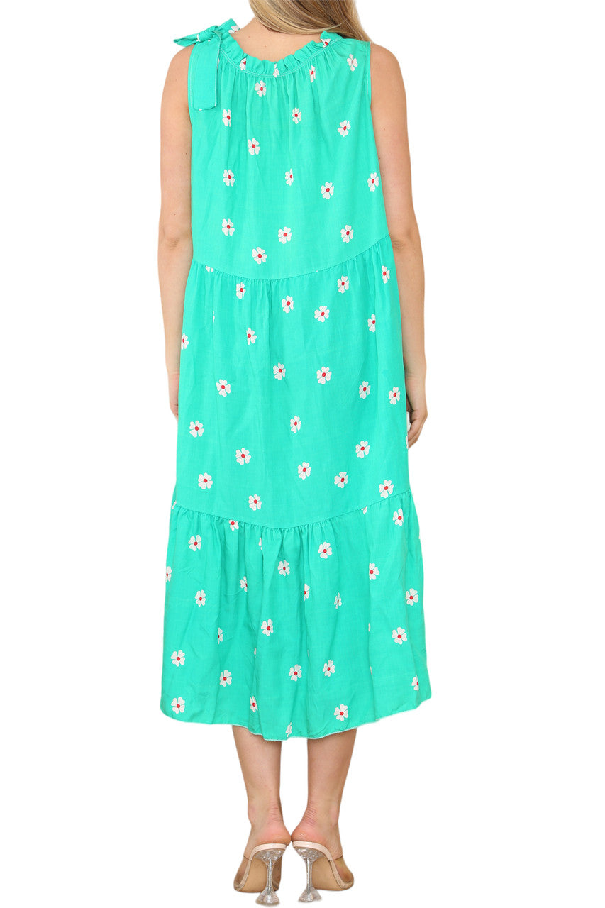 Ladies Tie Shoulder Floral Print Sleeveless Dress Jade Green