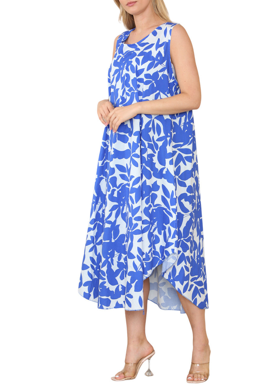 Ladies Floral Silhouette Sleeveless Dress Royal Blue