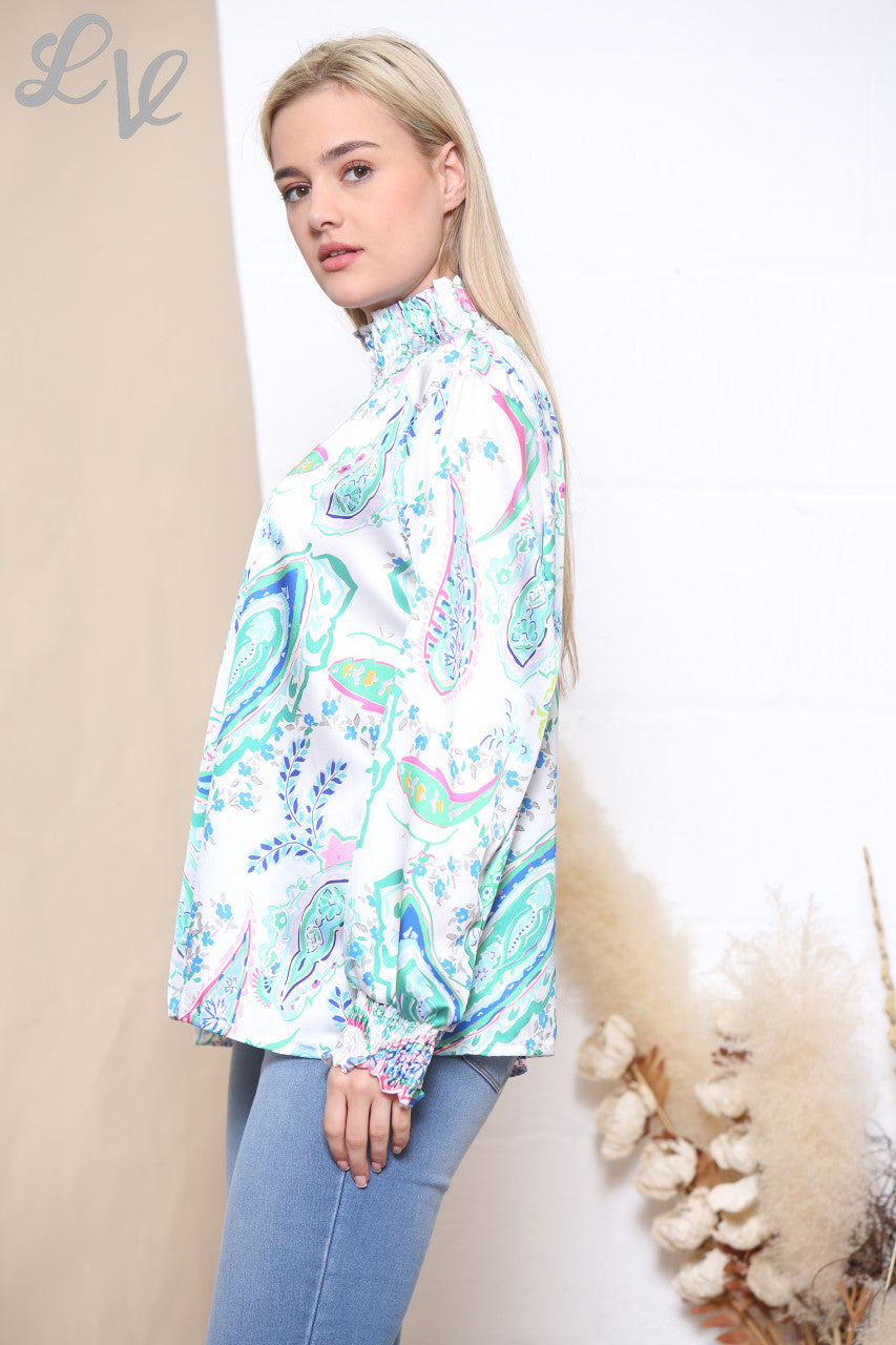 Ladies Multicoloured Paisley Print Gathered Neck Blouse Turquoise