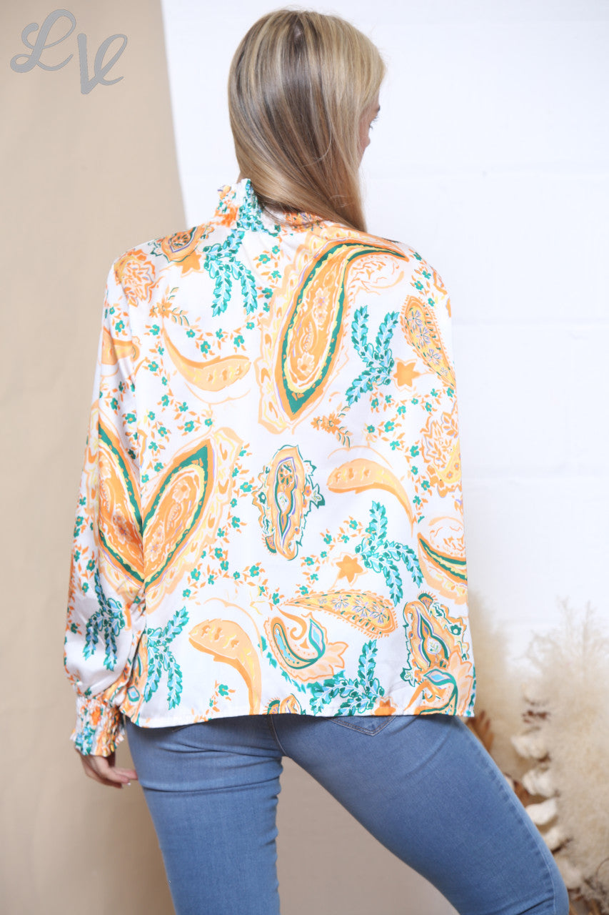 Ladies Multicoloured Paisley Print Gathered Neck Blouse Orange