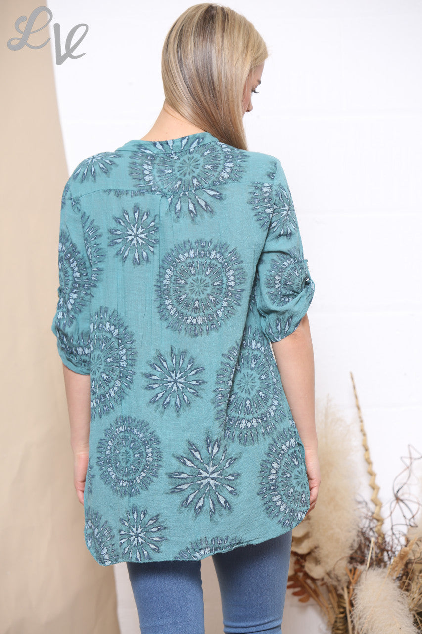 Ladies Tie Dye Firework Print Grandad Blouse Tiffany