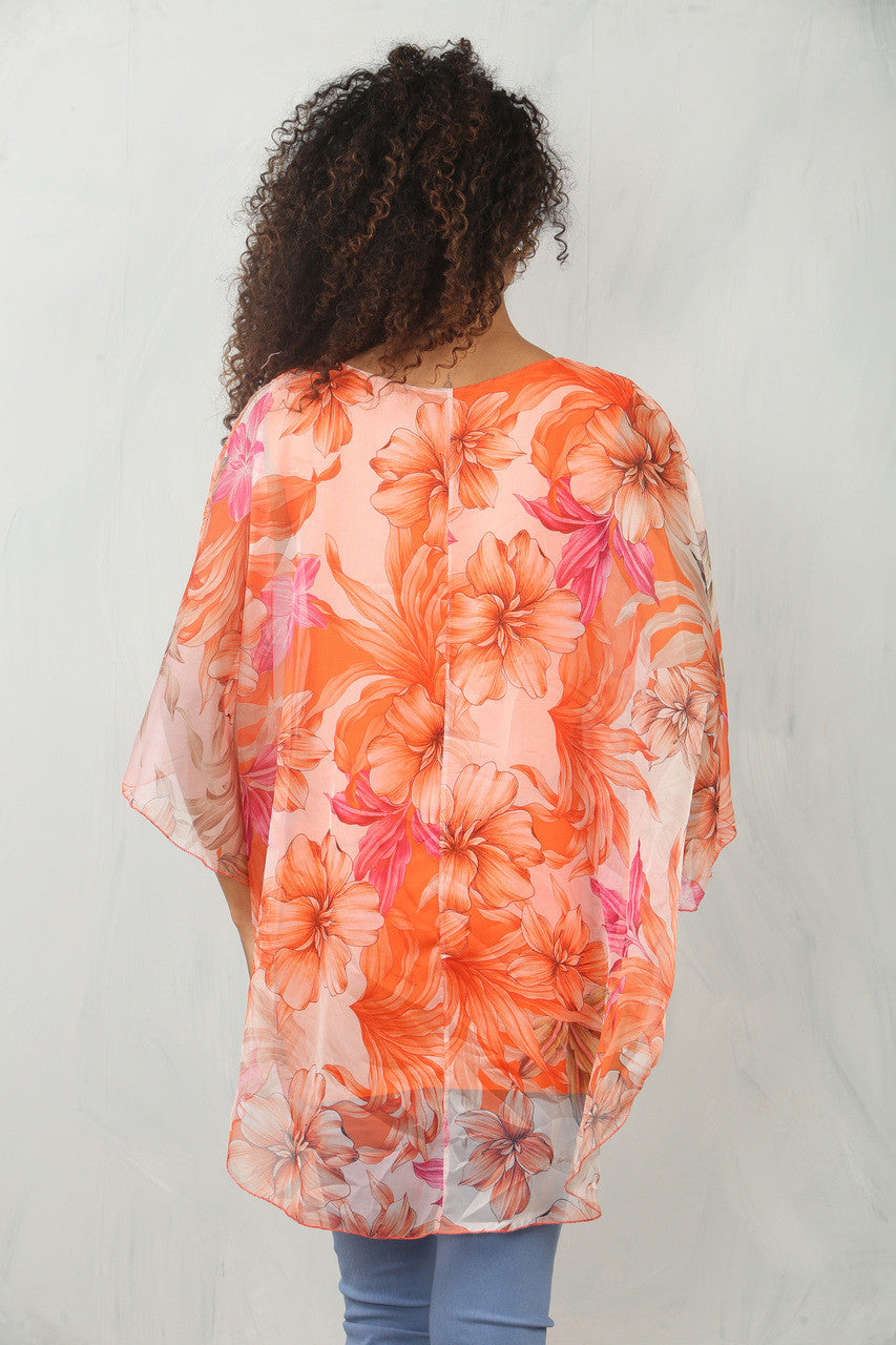 FLORAL BLADPRINT ZWIERIGE BLOUSE TOP - ORANJE