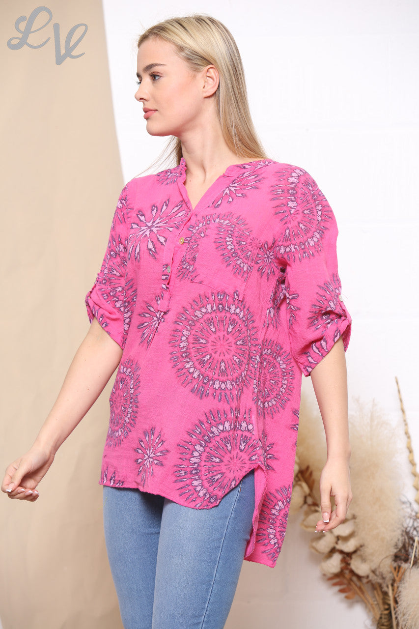 Dames Tie-Dye Firework Print Grandad Blouse Cerise
