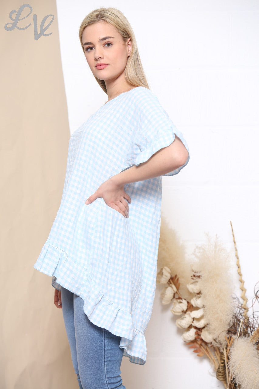 Ladies Gingham Print Frill Hem Top Mint