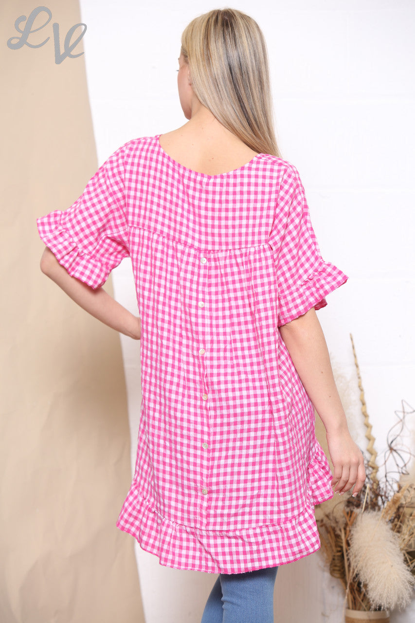 Ladies Gingham Print Frill Hem Top Cerise