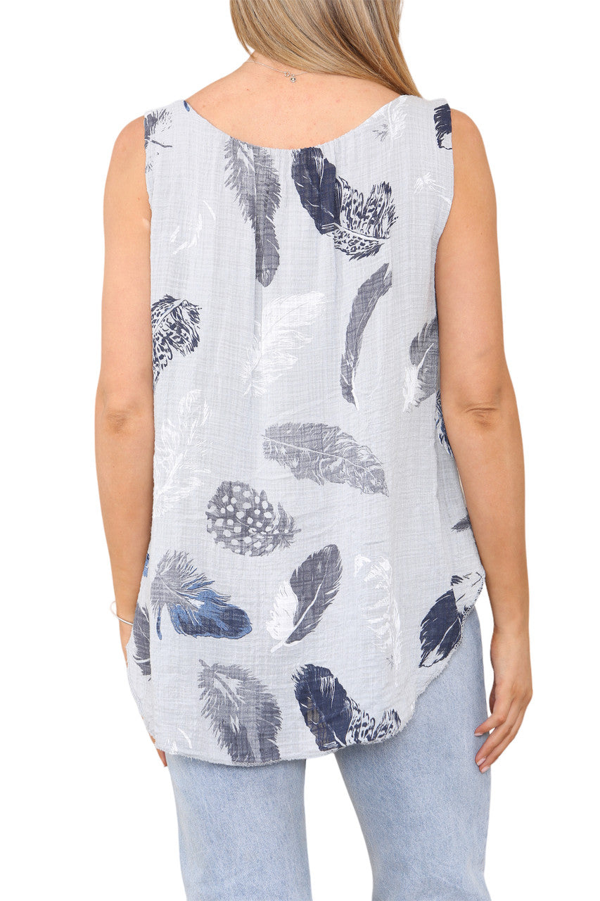 Ladies Feather Print Sleeveless Vest Top Grey