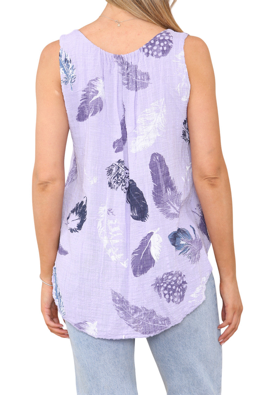 Ladies Feather Print Sleeveless Vest Top Lilac