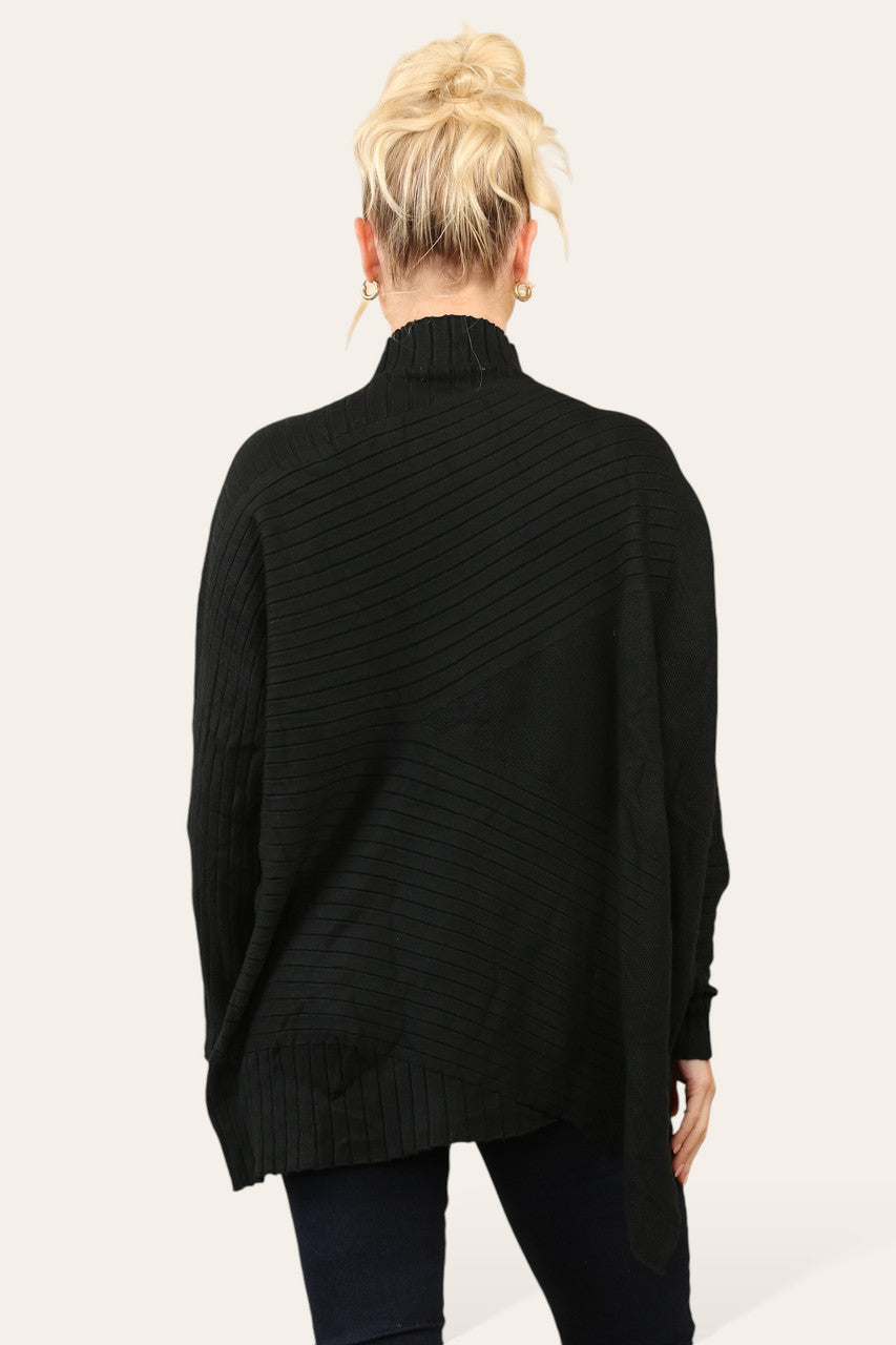 RIBBED ASYMMETRICAL HIGH NECK JUMPER BLACK