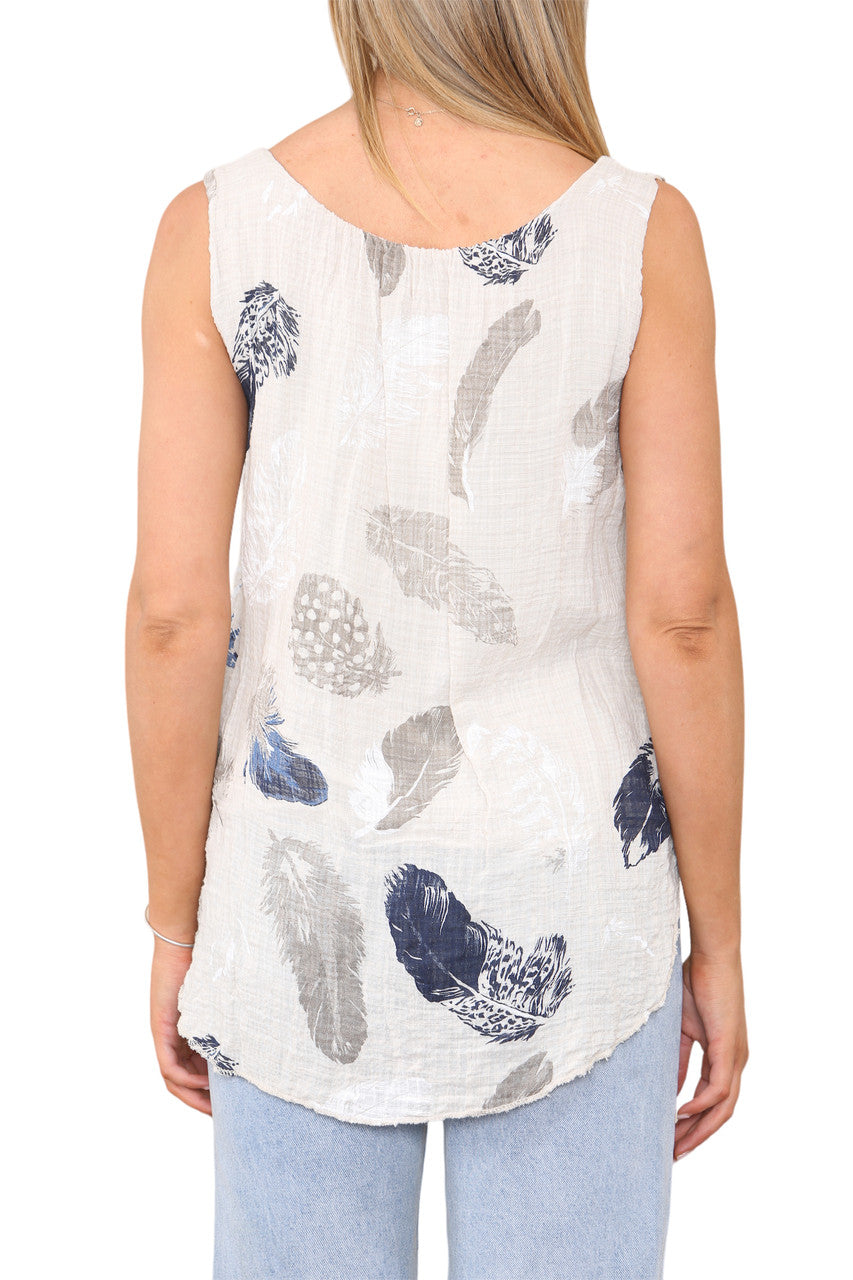 Ladies Feather Print Sleeveless Vest Top Stone
