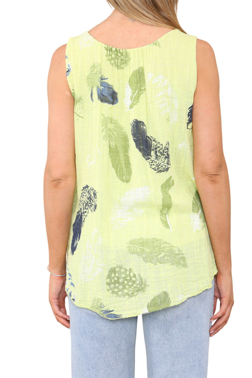 Ladies Feather Print Sleeveless Vest Top Lime