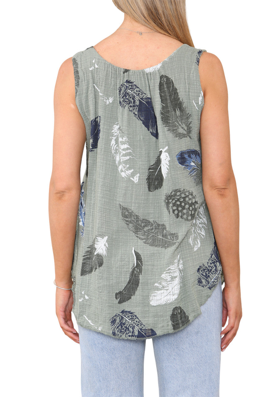 Ladies Feather Print Sleeveless Vest Top Khaki
