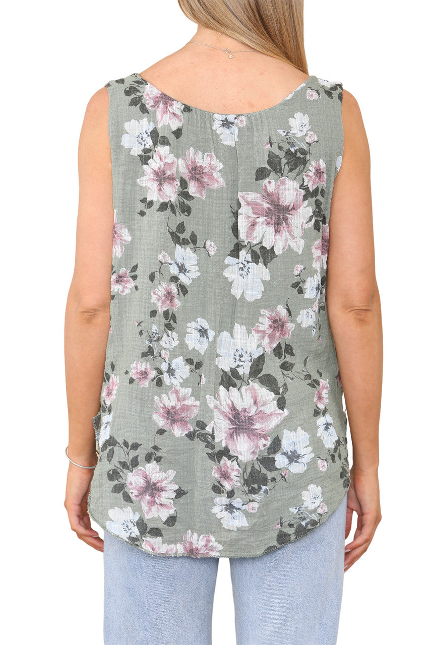 Ladies Flowers Print Sleeveless Vest Top Khaki